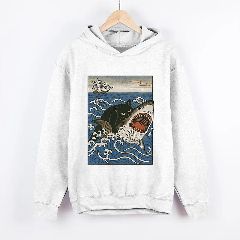 Unisex Cat Hunting Shark  Pattern Long Sleeved Hoodie - White - US44-46(8XL) - image 3