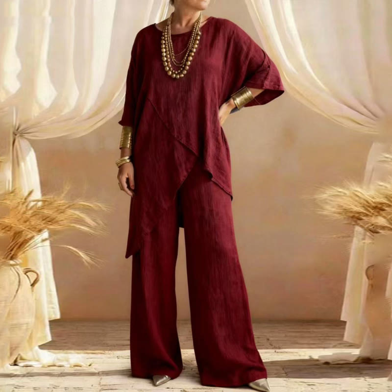 Elegant Solid Irregular Hem Round-neck 3/4 Sleeves Blouse&pants Set - Wine - 3XL - image 3