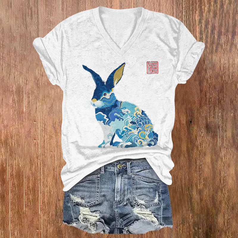 Japanese Art Rabitt Print Short Sleeved V-neck T-shirt - Light Gray - US32-34(5XL) - image 1