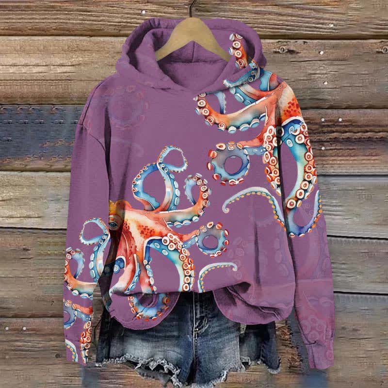 Japanese Colorful Octopus Art Print Long Sleeve Hoodie - Purple - US44-46(8XL) - image 3