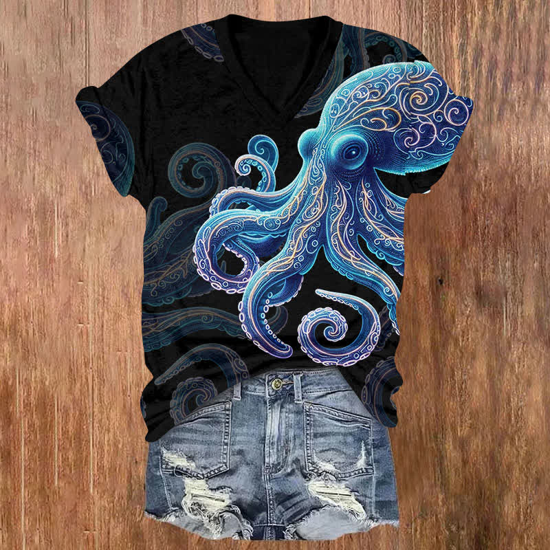 Vintage Wise Ocean Octopus Print V-neck T-shirt - Black - US32-34(5XL) - image 3