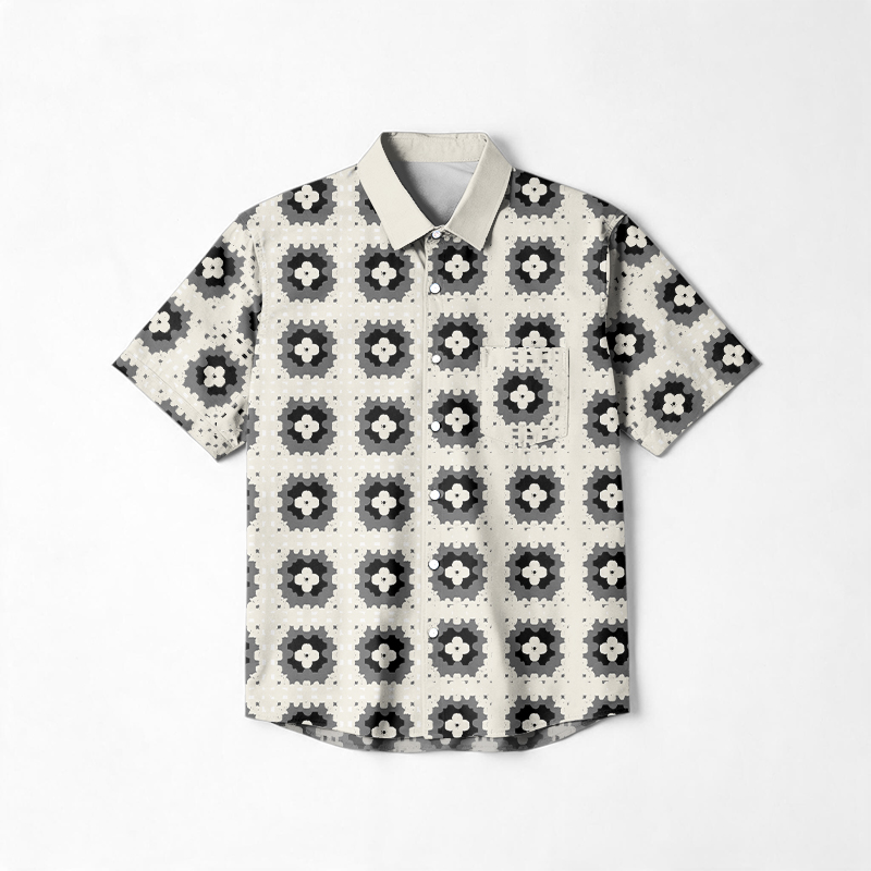 Vacation Contrast Collar Geometric Print Cotton Shirt - White - 6XL - image 5