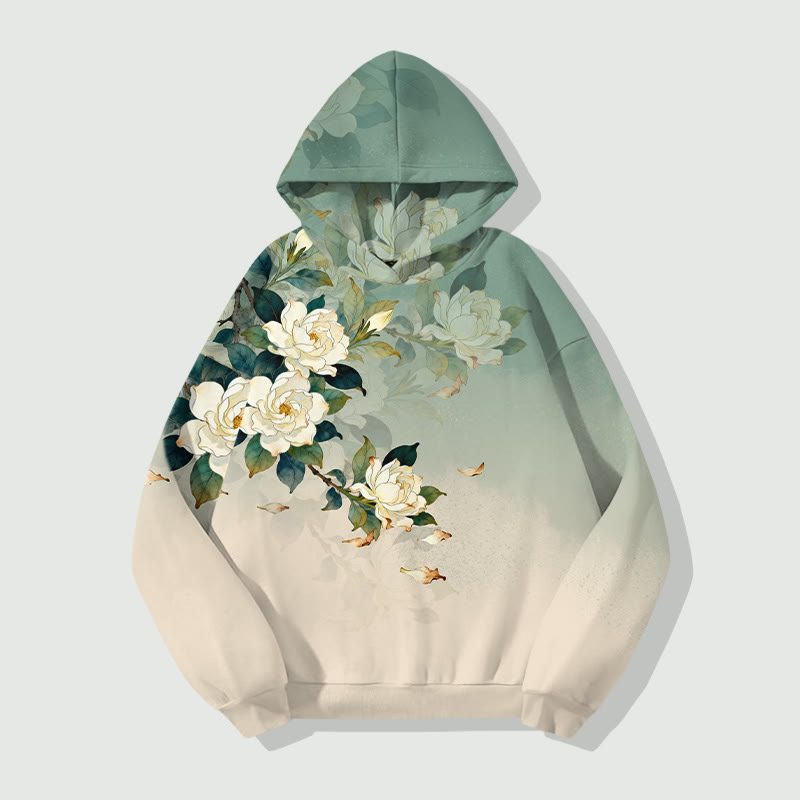 Vintage Lovely White Rose Art Print Long Sleeve Hoodie - Green - US44-46(8XL) - image 3