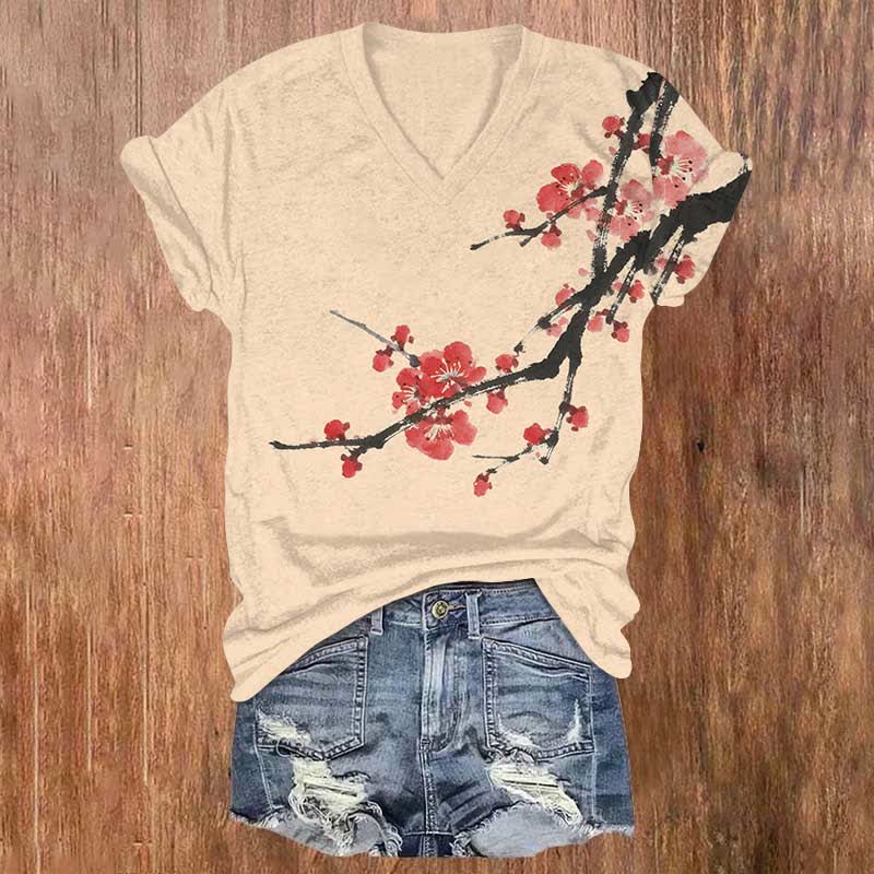 Japanese Art Flower Branches Print V-neck T-shirt - Apricot - US32-34(5XL) - image 4