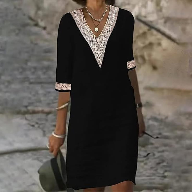 Elegant Solid V-neck Lace Half-sleeve Midi Dress - Black - 4XL - image 5