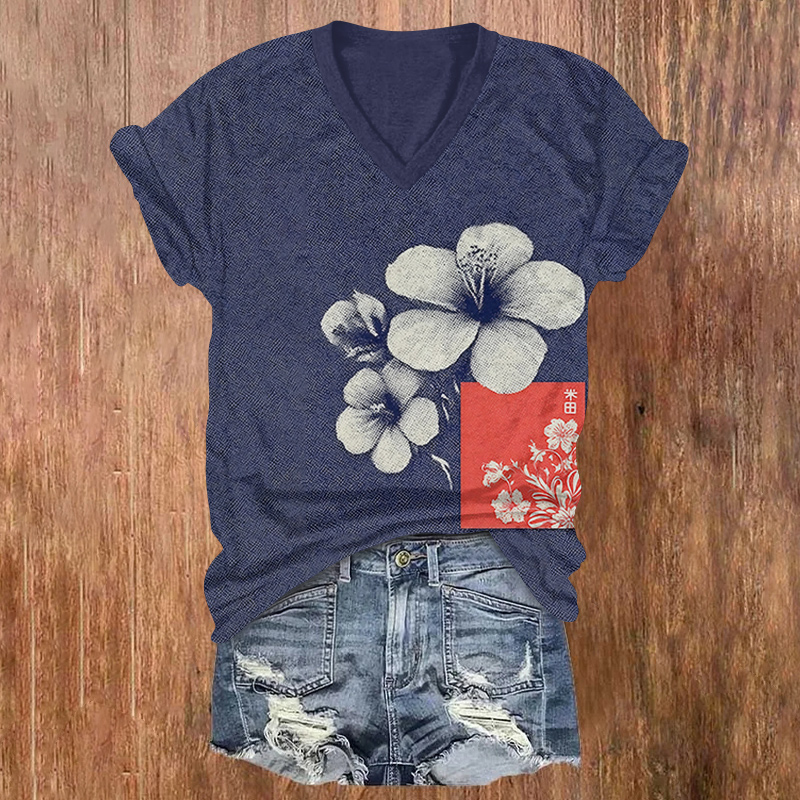 Japanese Art Floral Print Short Sleeved V-neck T-shirt - Blue - US32-34(5XL) - image 1
