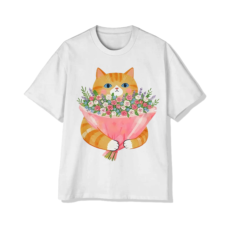 Creative Orange Cat Holding Bouquet Print Short Sleeved Crew Neck T-shirt - White - 2XL - image 1