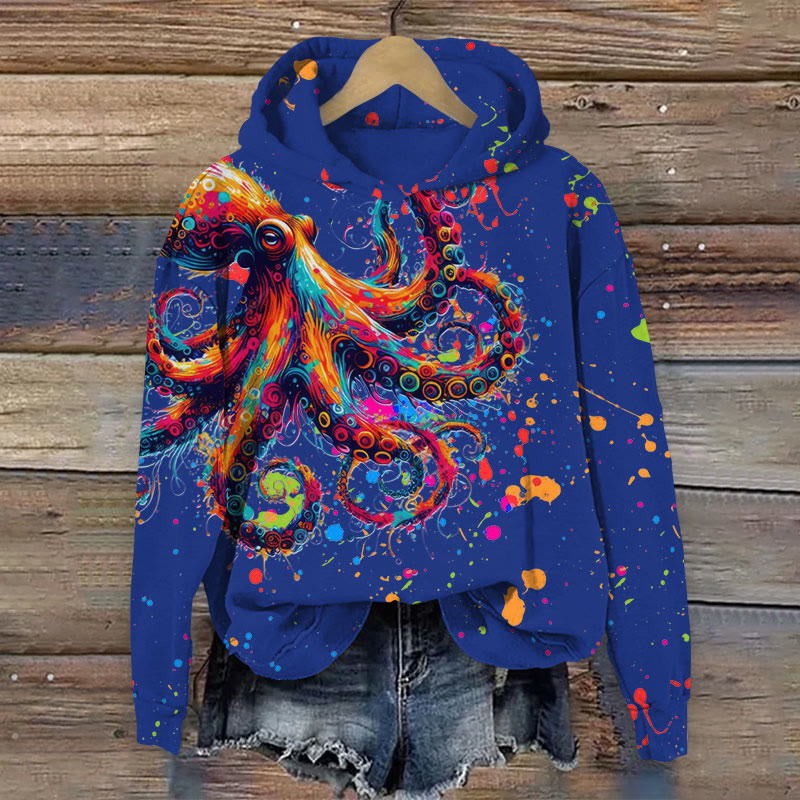 Colorful Splashy Octopus Print Long Sleeve Hoodie - Dark Blue - US44-46(8XL) - image 5