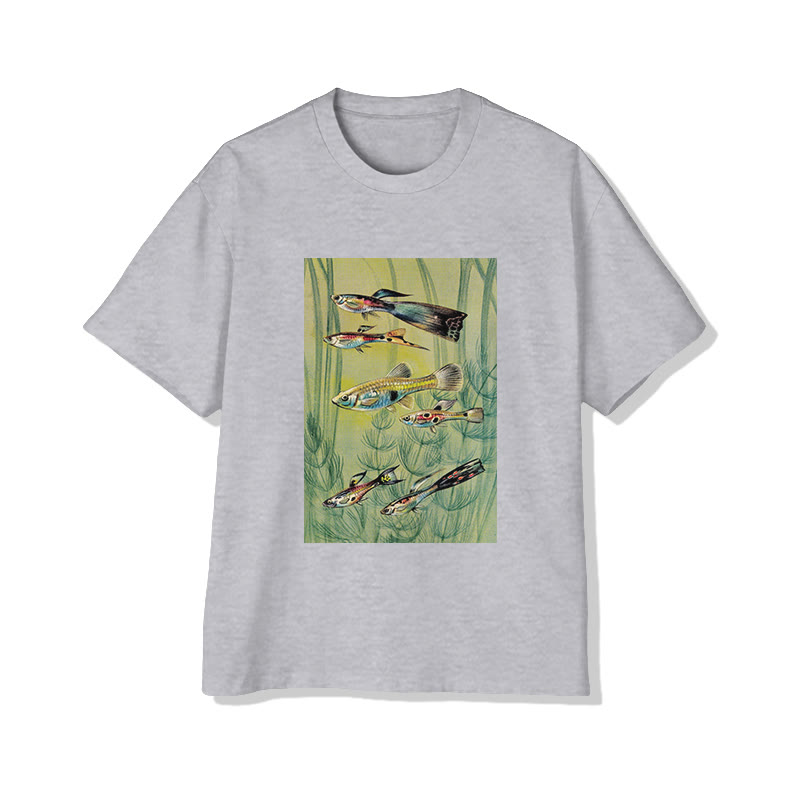 Unisex Retro Illustration Fish Print Short Sleeved Crew Neck T-shirt - Grey - 2XL - image 3