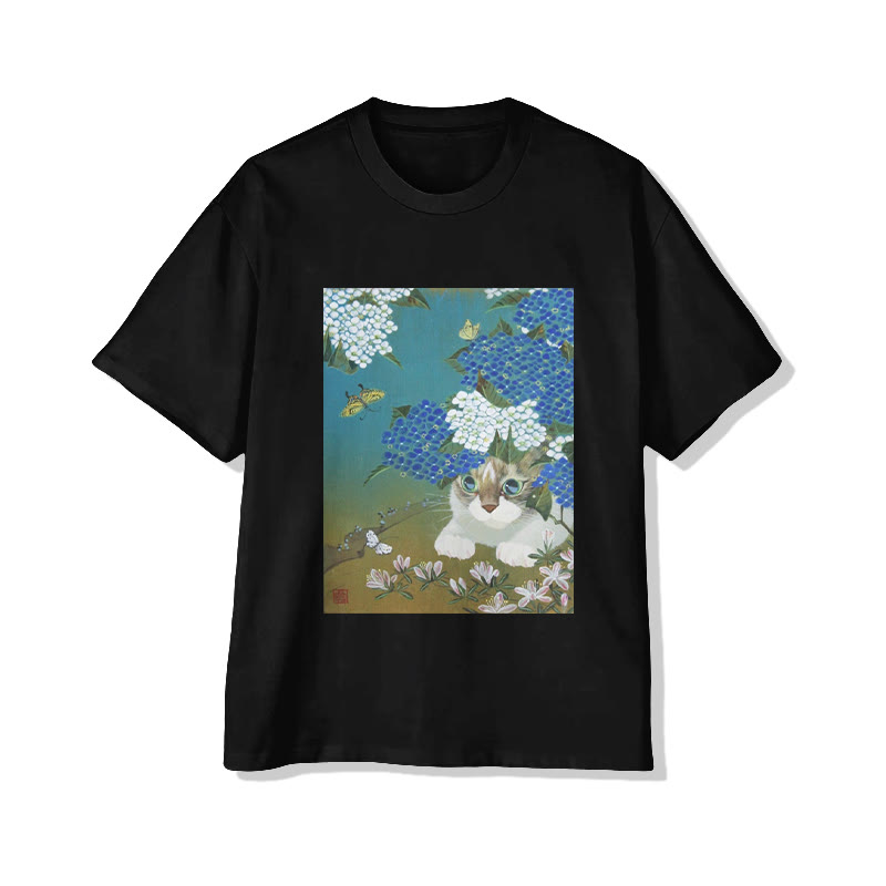 Unisex Cat And Hydrangea Garden Art Print Short Sleeved Crew Neck T-Shirt - Black - 2XL - image 4