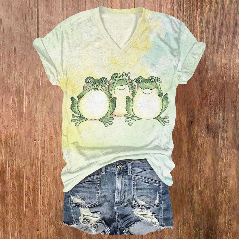 Three Amusing Frogs Printed Short Sleeved V-neck T-shirt - Light Green - US32-34(5XL) - image 1