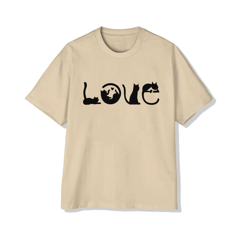 Unisex LOVE Letter Cat Print Short Sleeved Crew Neck T-shirt - Apricot - 2XL - image 4