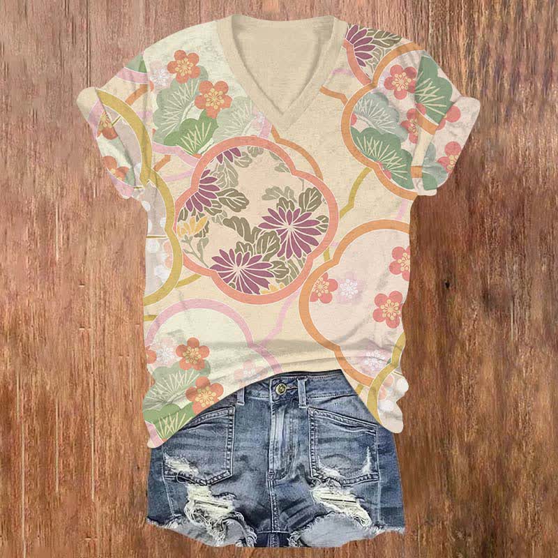 Japanese Geometric Sakura Pattern Art Print V-neck T-shirt - Apricot - US32-34(5XL) - image 5