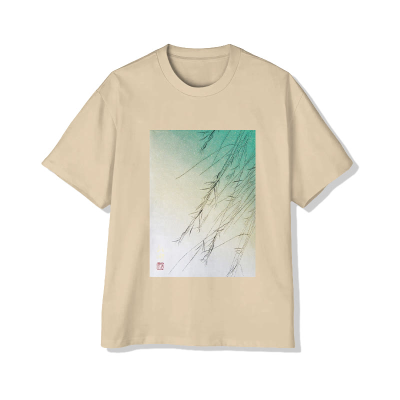 Unisex Oriental Willow Branch Art  Print Short Sleeved Crew Neck T-Shirt - Apricot - 2XL - image 3