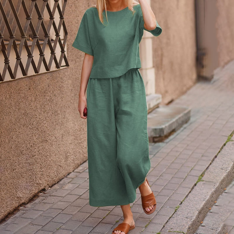 Cozy Solid Loose-fitting Half Sleeve Blouse&wide-leg Pants Set - Dark Green - 5XL - image 5