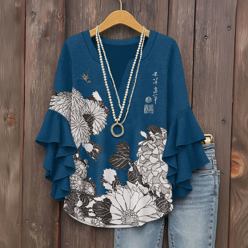 Japanese Classical Chrysanthemum Kimono Pattern Print V-neck Half Sleeve Blouse - Blue - 5XL - image 3