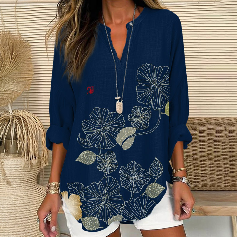 Vintage Sketching Floral Art Print V Neck Long Sleeve Blouse - Navy Blue - 8XL - image 1