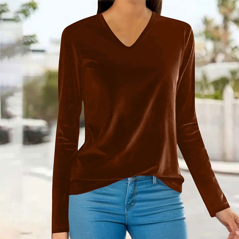 Velvet Solid Color Women's Versatile Slim Fit Long Sleeve V-Neck T-Shirt - Brown - 3XL - image 8