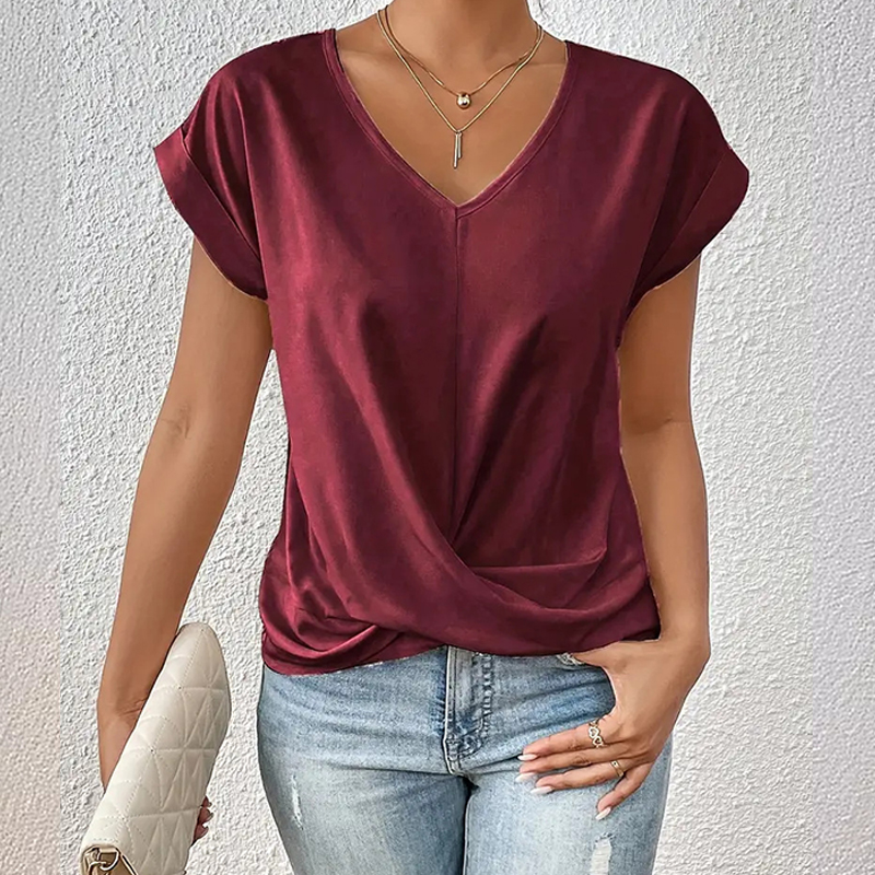 Elegant Solid Overlapping Structure V-neck Flutter-sleeve T-shirt - Wine - 3XL - image 4