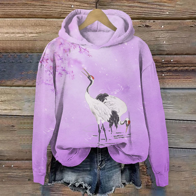  Japanese  Cranes With Bloom Floral Print Long Sleeve Hoodie - Light Purple - US44-46(8XL) - image 4