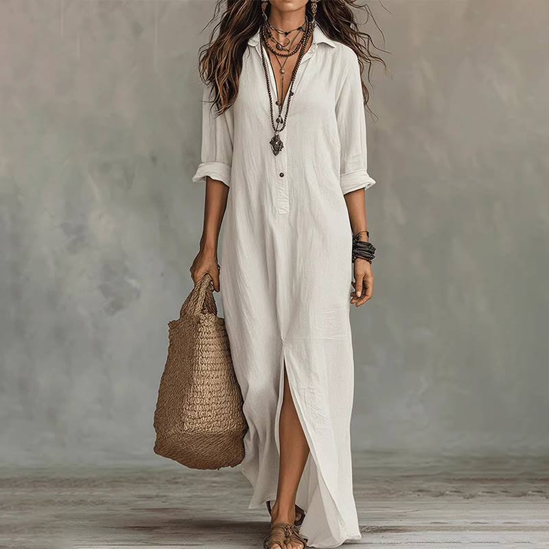Casual Solid V-neck Lapel Long-sleeve Maxi Dress With Front Slit - White - 2XL - image 3