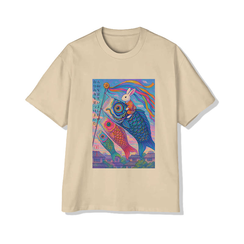 Unisex Japanese Koi Fish And Rabbits Print Short Sleeved Crew Neck T-Shirt - Apricot - 2XL - image 4
