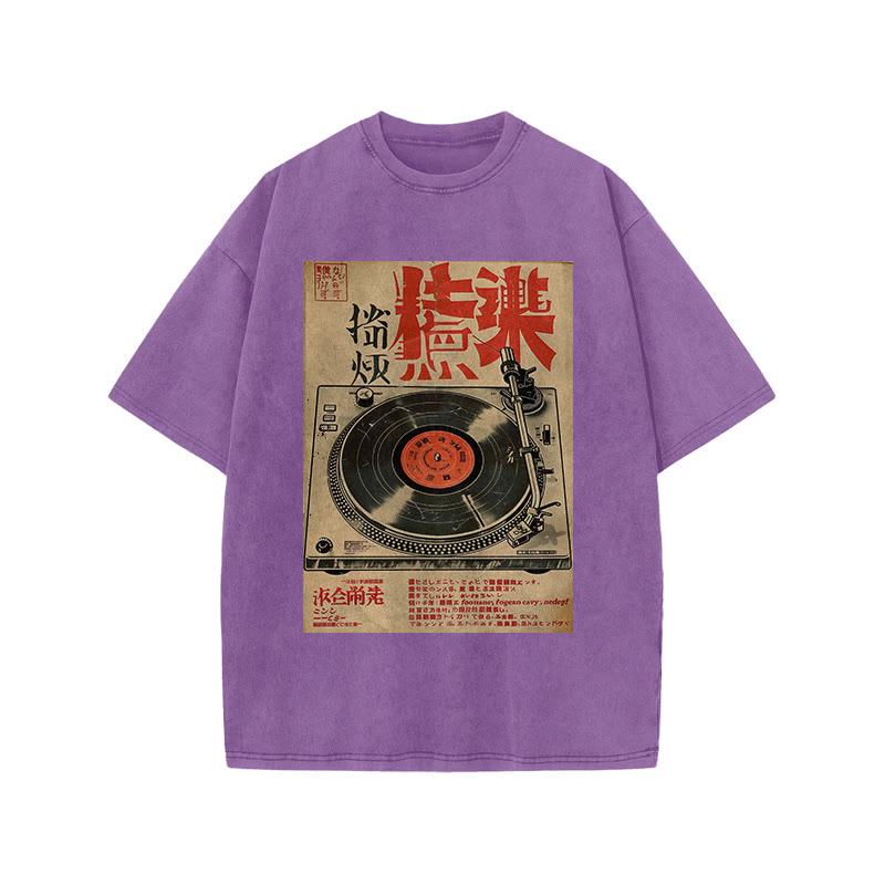 Japanese Turntable Pattern Print Acid Washed T-shirt - Purple - US20-22(3XL) - image 9