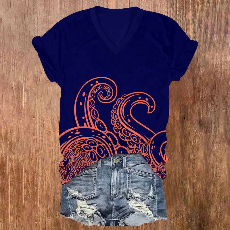  Japanese Solid Octopus Tentacles Art Print V-neck T-shirt - Orange - US32-34(5XL) - image 8