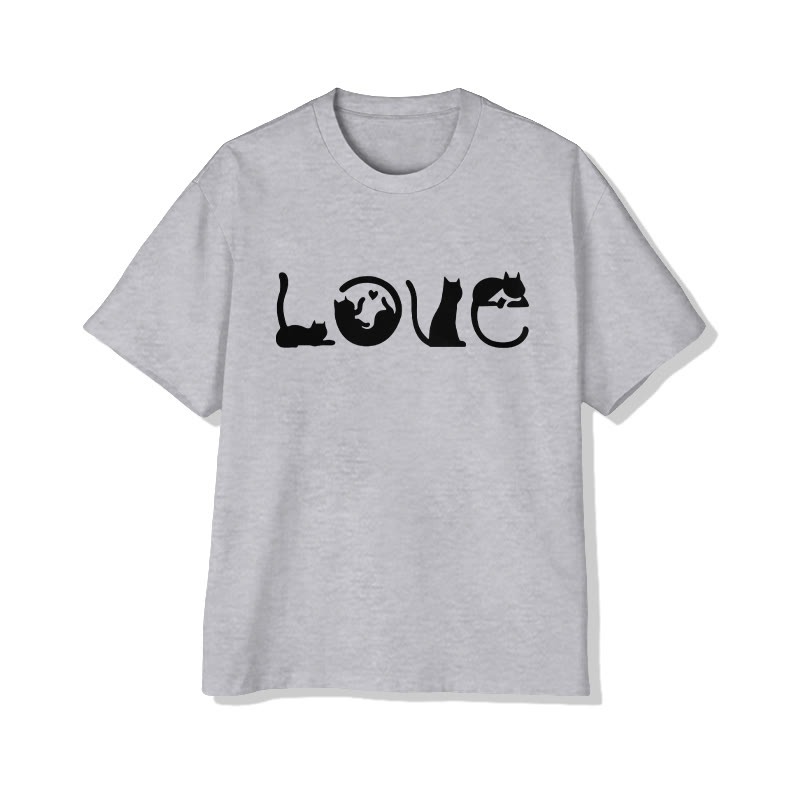 Unisex LOVE Letter Cat Print Short Sleeved Crew Neck T-shirt - Grey - 2XL - image 5
