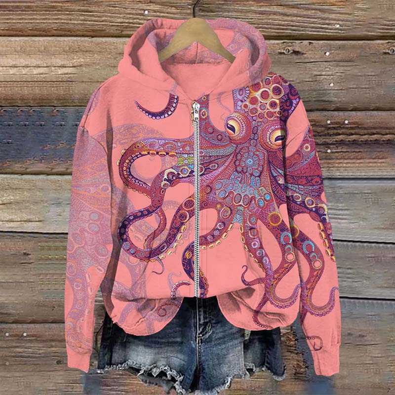 Unique Exquisite Octopus Pattern Art Print Long Sleeve Zipper Hoodie - Pink - US28-30(4XL) - image 3