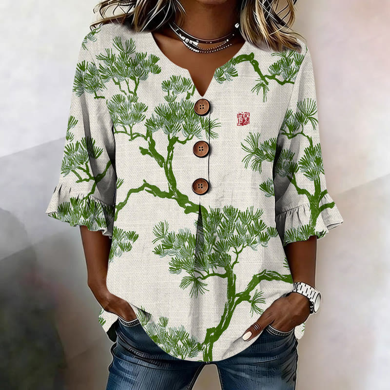 Vintage Pine Tree Sketch Pattern Print Button V-neck Blouse With Ruffle Sleeves - Green - US32-34(5XL) - image 3