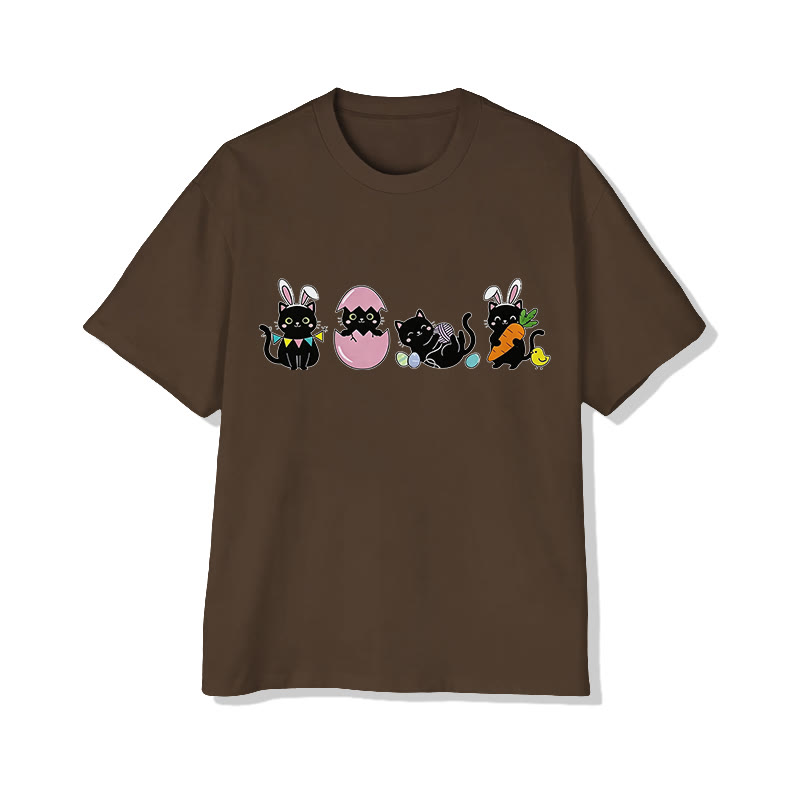 Easter Black Cats Print Pattern Cotton Print T-shirt - Coffee - US16-18(2XL) - image 5