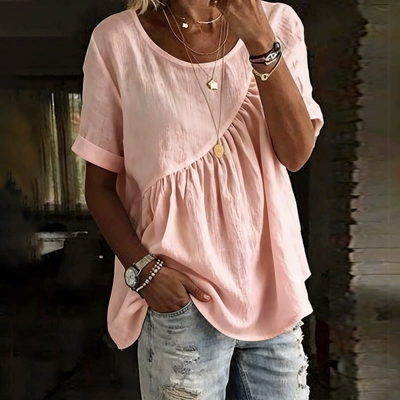  Elegant Solid Irregular Cut Ruffled Hem Round Neck Short-sleeve Blouse - Pink - 3XL - image 3