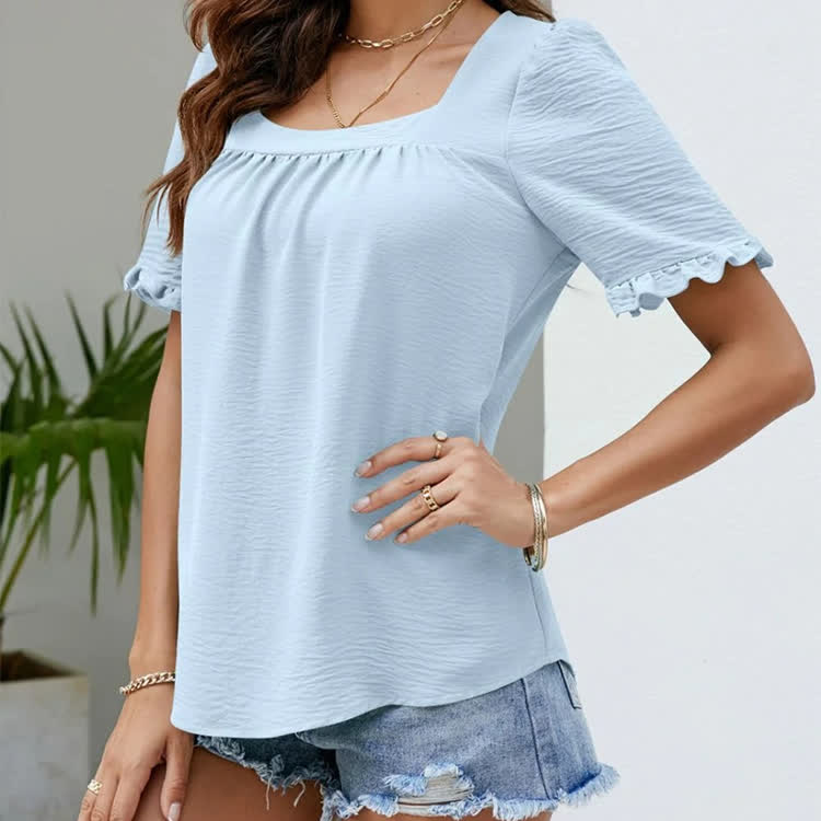 Elegant Solid Texture Square-neck Short-sleeve Ruffle-trim Top - Light Blue - XL - image 7