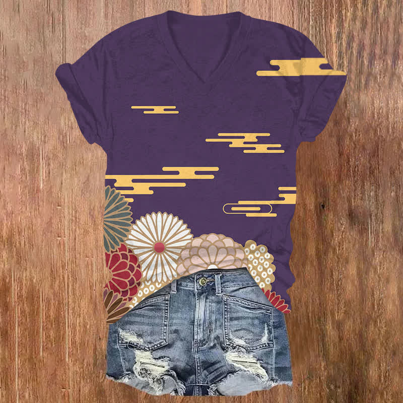 Japanese Umbrella-shaped Cloud Pattern Print V-neck T-shirt - Purple - US32-34(5XL) - image 4