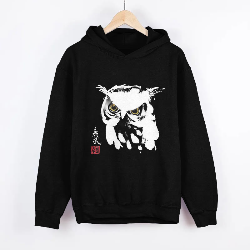 Unisex Japanese-style Owl Pattern Long Sleeved Hoodie - Black - US44-46(8XL) - image 4