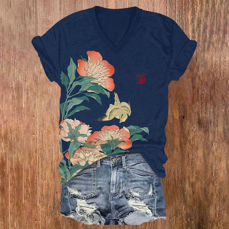 Flower Print v-neck T-Shirt - Dark Blue - US32-34(5XL) - image 4