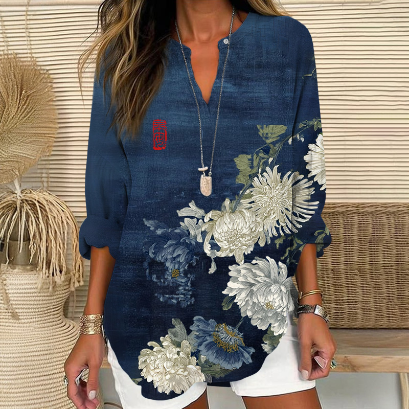 Vintage White & Blue Chrysanthemum Art Print V Neck Long Sleeve Blouse - Blue - 8XL - image 1