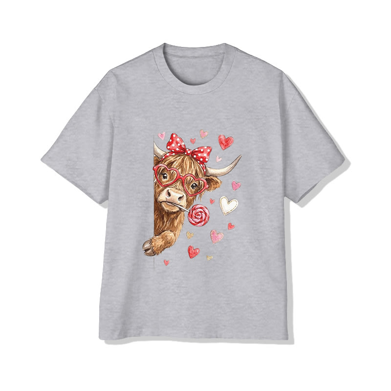 Unisex Lovely Valentine Highland Cow Print Short Sleeved Crew Neck T-shirt - Grey - 2XL - image 4