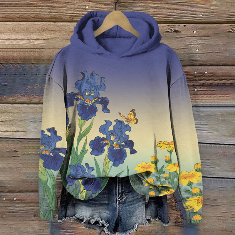 Japanese Watercolor Sunflower Print Long Sleeve Hoodie - Blue - US44-46(8XL) - image 3