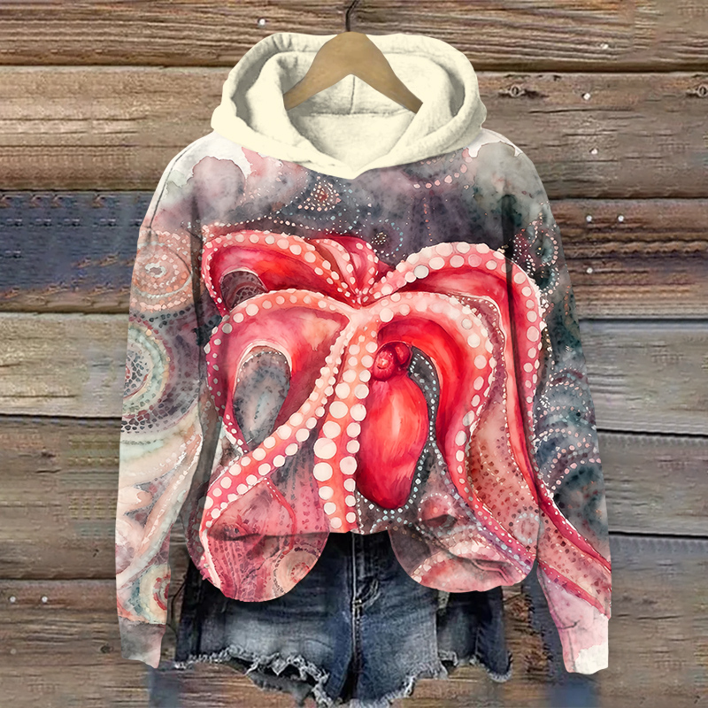 Creative Upside-down Octopus Art Print Long Sleeve Hoodie - Red - US44-46(8XL) - image 3