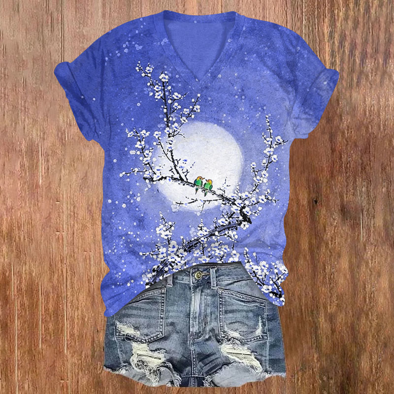 Waterclor Floral Bloomimg Print V-neck T-shirt - Blue - US32-34(5XL) - image 3