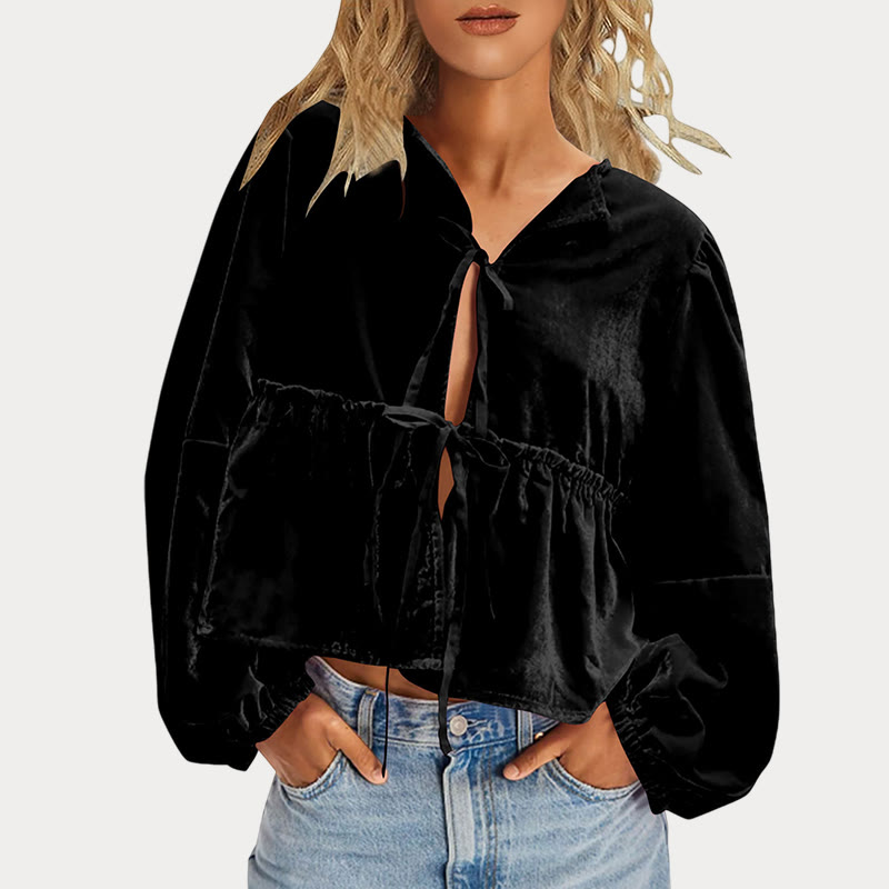 Women's V-neck Ruffled Solid Color Velvet Blouse - Black - 2XL - image 3