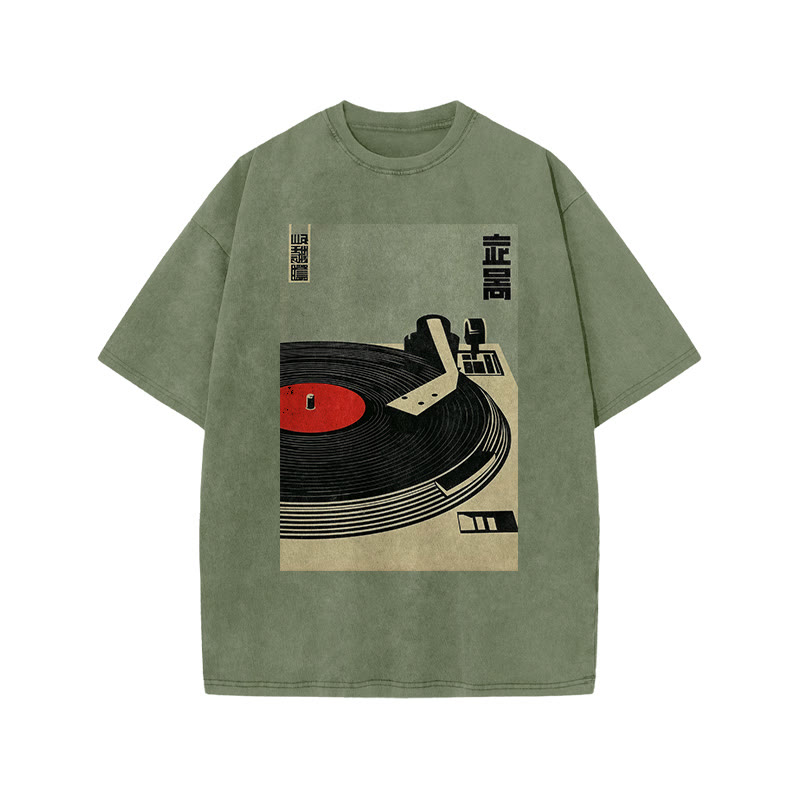 Japanese Broadcasting Turntable Art Print Acid Washed T-shirt - Army Green - US20-22(3XL) - image 5