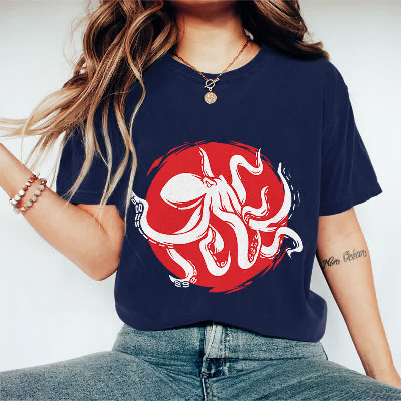 100% Cotton Japanese Abstract Octopus Art T-shirt - Dark Blue - 2XL - image 3