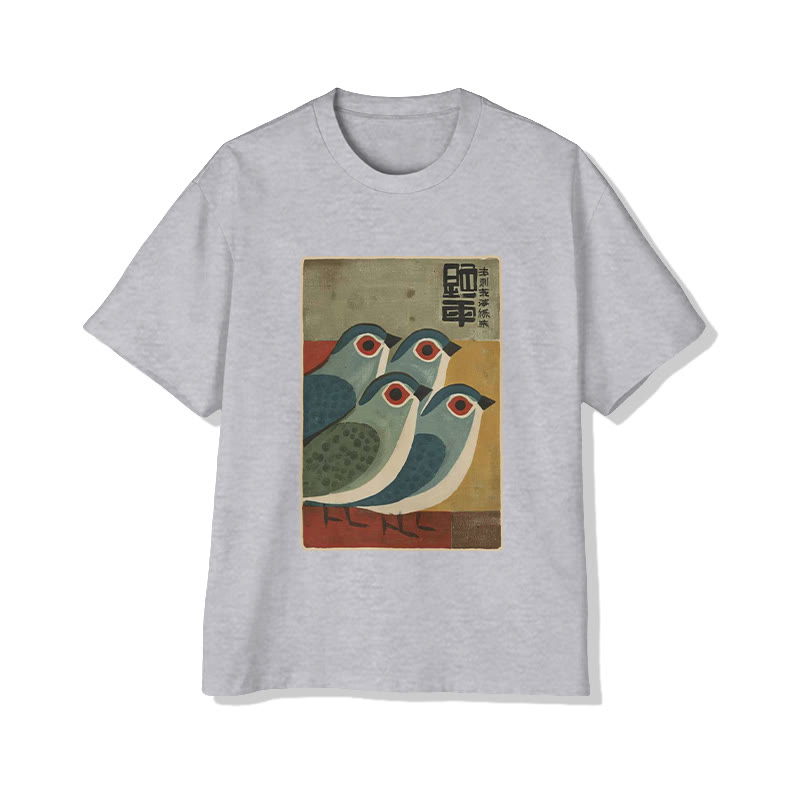 Unisex Vintage Bird Pattern Art Print Short Sleeved Crew Neck T-shirt - Grey - 2XL - image 3