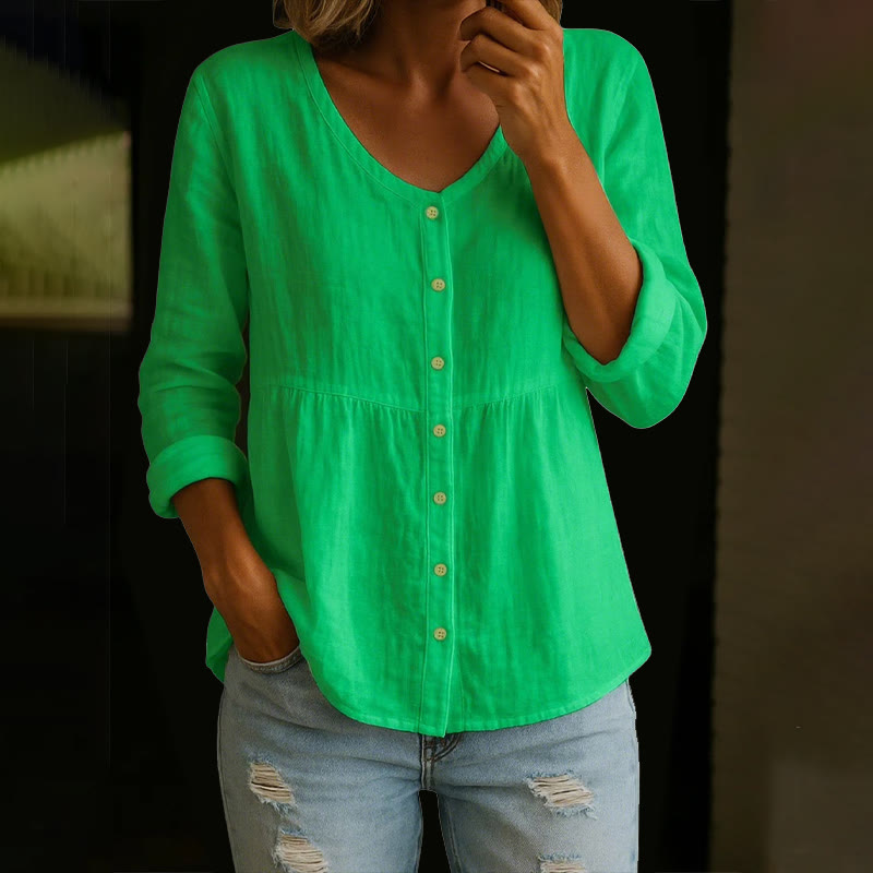 Cozy Solid Button V-neck A-line Long Sleeve Blouse - Green - 4XL - image 11