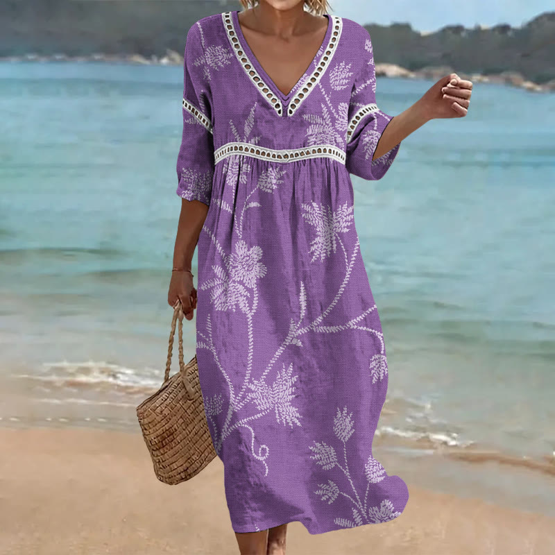 Boho Floral Print Openwork Lace V-neck Half Sleeve Maxi Dress - Purple - US 16-18 (4XL) - image 6