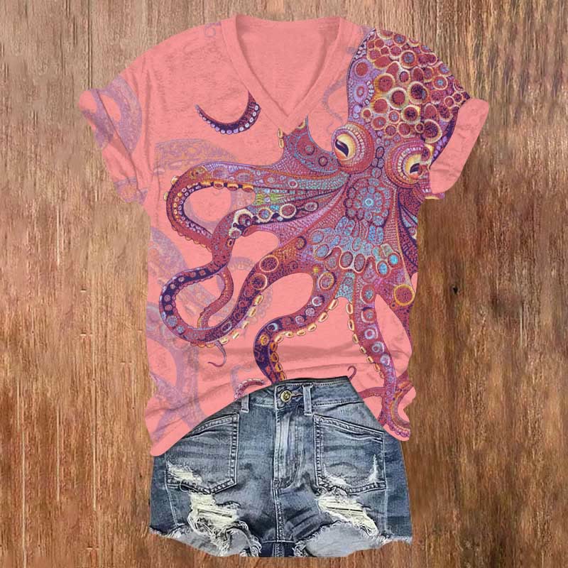 Unique Exquisite Octopus Pattern Print V-neck T-shirt - Pink - US32-34(5XL) - image 3