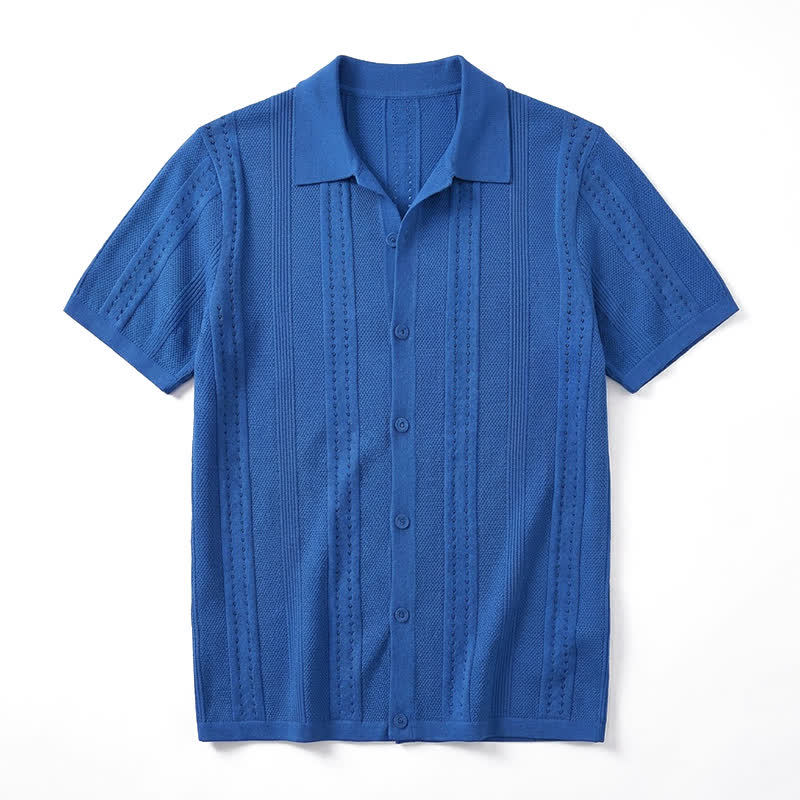 Men's Solid Color Knit Collared Short Sleeve Button Up Polo Shirt - Dark Blue - 4XL - image 12